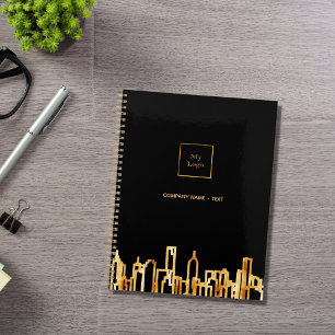Schwarzes Gold Stadt-Skyline Geschäftslogo Immobil Planer