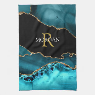 Schwarzes Gold Teal-Achat DIY Gold Monogramm Weiße Geschirrtuch