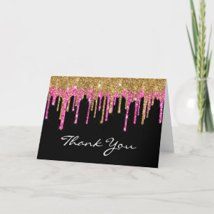 Schwarzes Gold und tiefrosa Glitter-Drip Quinceañe Dankeskarte