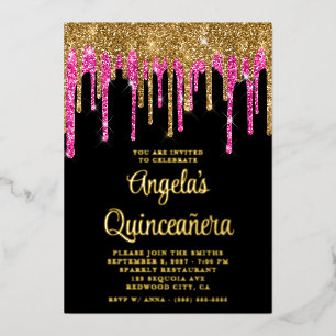 Schwarzes Gold und tiefrosa Glitter-Tropfen Quince Folieneinladung