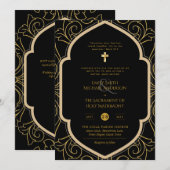Schwarzes Gold Verzierte katholische Hochzeit der  Einladung (Vorne/Hinten)