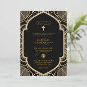 Schwarzes Gold Verzierte katholische Hochzeit der Einladung (Stehend Vorderseite)