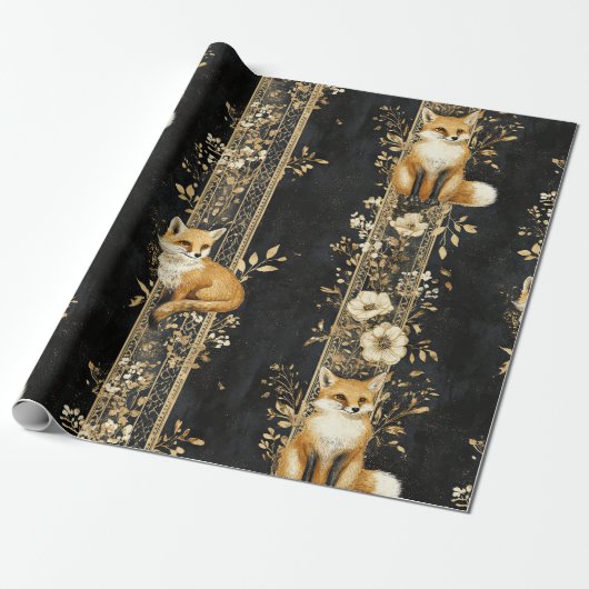 Schwarzes Gold viktorianisches Fuchs-Botanikmuster Geschenkpapier (Ungerollt)