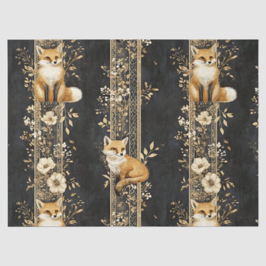 Schwarzes Gold viktorianisches Fuchs-Botanikmuster Seidenpapier (Vorderseite)