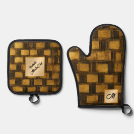 Schwarzes Gold Vintag Art Deco Populäre Kollektion Ofenhandschuh & Topflappen-Set