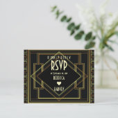 Schwarzes Gold Vintag große Gatsby Hochzeit RSVP Einladungspostkarte (Stehend Vorderseite)