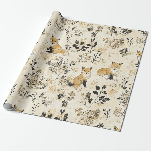 Schwarzes Gold Wald Fuchs Blumenmuster Geschenkpapier (Ungerollt)