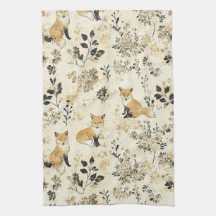 Schwarzes Gold Wald Fuchs Blumenmuster Geschirrtuch