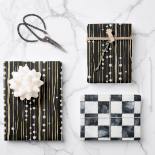 Schwarzes Gold Weiße Perlen Brautparty Geschenkpapier Set