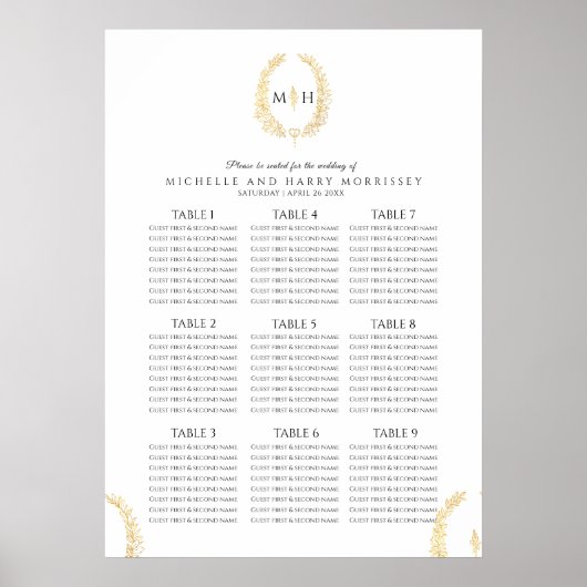 Schwarzes Gold weißer ovaler Kranz Hochzeits-Sitzp Poster (Vorne)