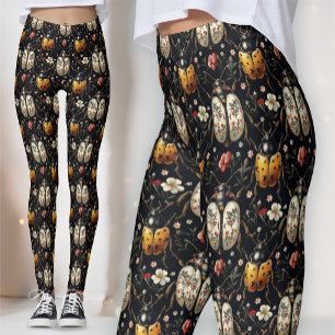 Schwarzes Gold Weißes Florales Käfer Botanisch Leggings
