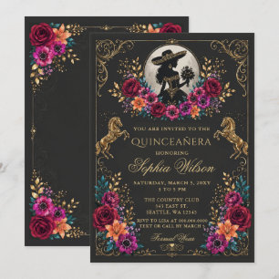 Schwarzes Gold Western Pferd Floral Charra Quincea Einladung