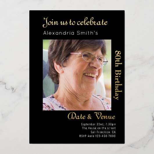 Schwarzes Gold zum 80. Geburtstag Folieneinladung (Vorderseite)