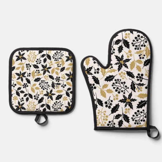 Schwarzes goldenes Blumenmuster Ofenhandschuh & Topflappen-Set (Vorderseite)