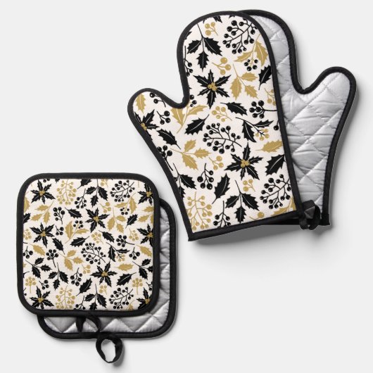 Schwarzes goldenes Blumenmuster Ofenhandschuh & Topflappen-Set (Vorderseite/Rückseite)