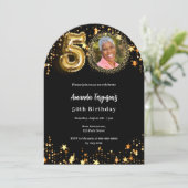 Schwarzes goldenes Foto Sterne 50. Einladung (Stehend Vorderseite)