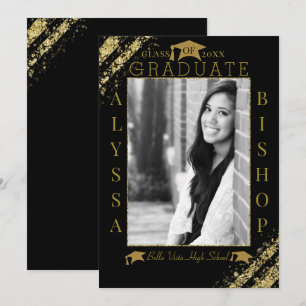 Schwarzes & goldenes Glitter-Foto-Abschluss Gradua Einladung