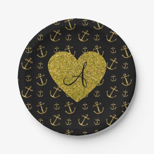 Schwarzes goldenes Monogramm-Referenzmuster Pappteller (Vorderseite)