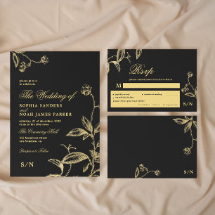 Schwarzes goldfarbenes, elegantes Monogramm-Menü W RSVP Karte