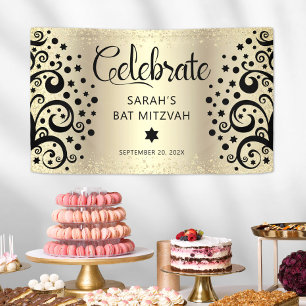 Schwarzes Goldfolie Bat Mitzvah Baum des Lebens Sc Banner