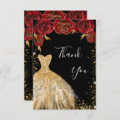 Schwarzes Goldkleid Rote Blumen Glitzer Geburtstag Dankeskarte (Vorne/Hinten)