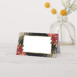 Schwarzes Goldkonfetti rote Rosen floral Platzkarte