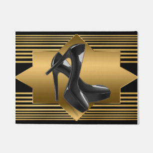 Schwarzes Goldmonogramm-Muster u. hoher Heels Fußmatte