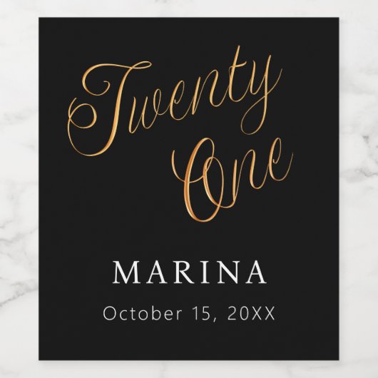 Schwarzes Goldnamensskript 21. Geburtstag Weinetikett (Einzelnes Label)