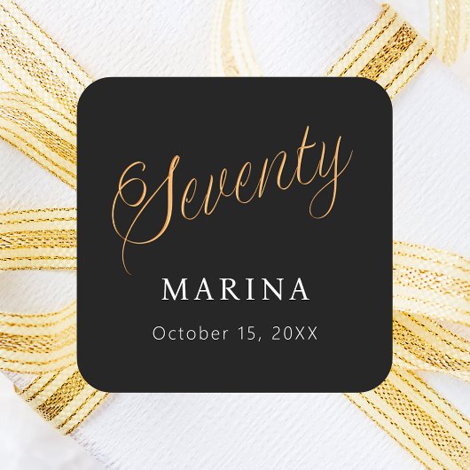 Schwarzes Goldnamensskript 70. Geburtstag Quadratischer Aufkleber