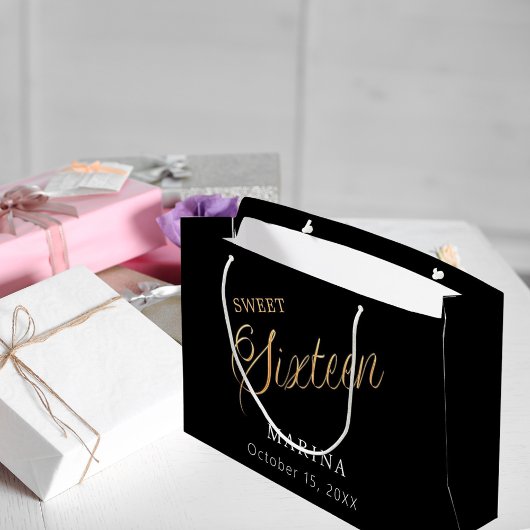 Schwarzes Goldnamensskript Sweet 16 Große Geschenktüte