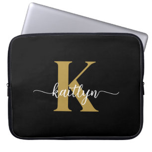 Schwarzes Goldschrift-Monogramm Laptopschutzhülle