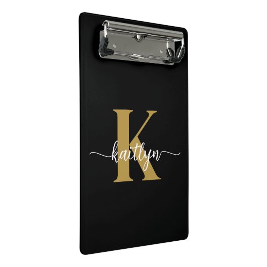 Schwarzes Goldschrift-Monogramm Mini Klemmbrett (Schrägansicht)