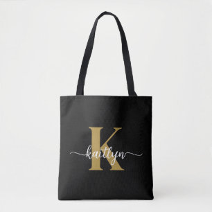 Schwarzes Goldschrift-Monogramm Tasche