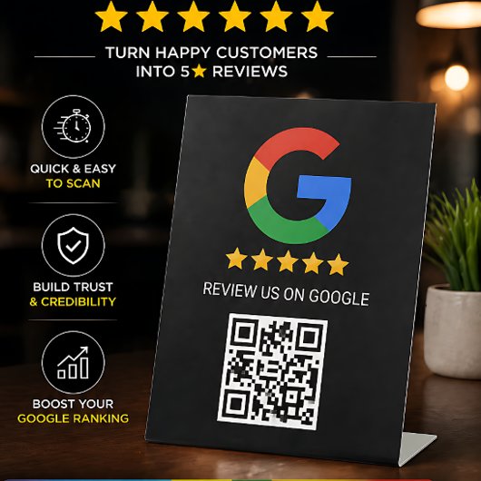 Schwarzes Google Review QR Code Podest Schild
