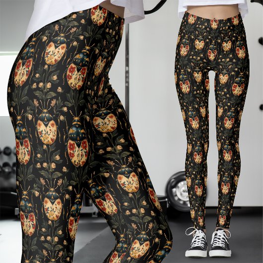 Schwarzes Gothik-Blumenkäfer-Gold Leggings