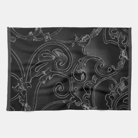 Schwarzes gotisches barockes Strudelmuster Geschirrtuch (Horizontal)
