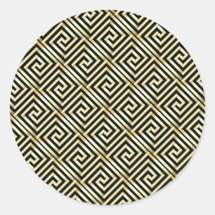Schwarzes griechisches Schlüssel-Muster in Gold Runder Aufkleber