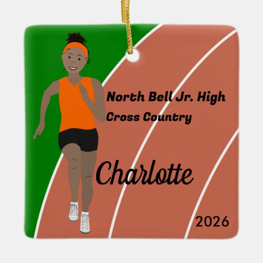 Schwarzes Haar für Track und Field Girl in Orange Keramikornament (Vorderseite)