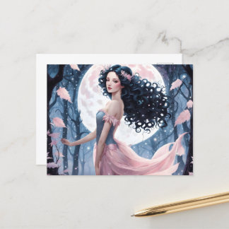Schwarzes Haar Girl & Pink Vollmond Postkarte