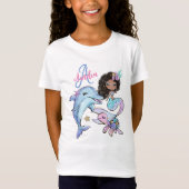 Schwarzes Haar Mermaid Custom Kids Name Pink Girl T-Shirt (Vorderseite)