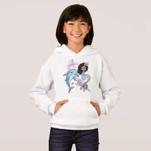 Schwarzes Haar Mermaid Custom Kids Name Pink Girls Hoodie (Vorne ganz)