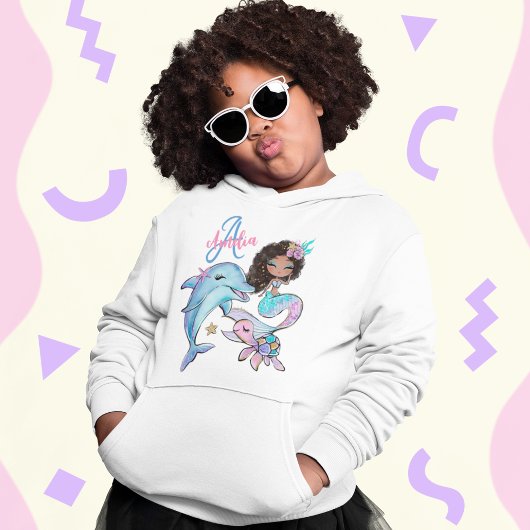 Schwarzes Haar Mermaid Custom Kids Name Pink Girls Hoodie