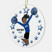 Schwarzes Haar-Pferdeschwanz Pom Poms im Blau u. Keramikornament (Links)