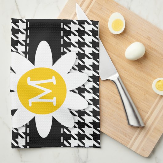 Schwarzes Hahnentrittmuster; Daisy Geschirrtuch (Viertel Falte)