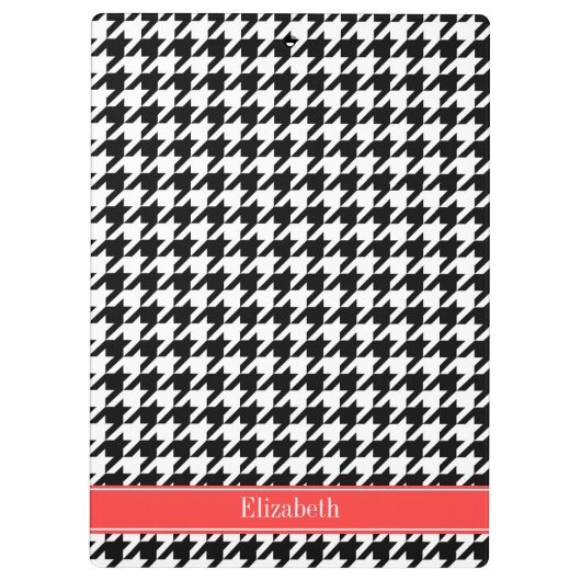 Schwarzes Hahnentrittmuster Korallenroter Name Mon Klemmbrett (Rückseite)
