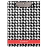 Schwarzes Hahnentrittmuster Korallenroter Name Mon Klemmbrett (Vorderseite)