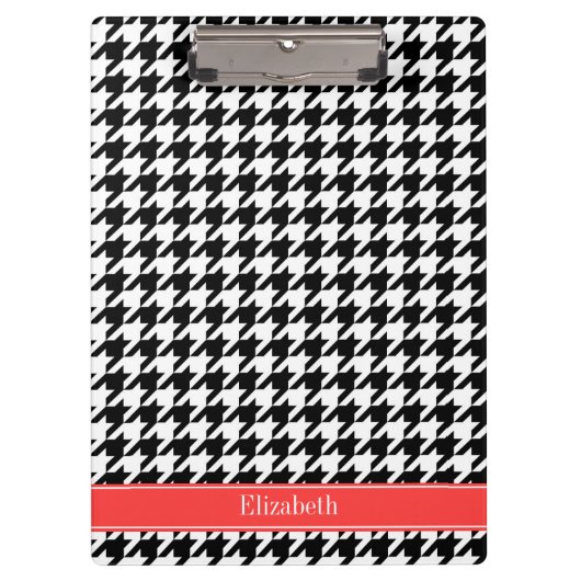 Schwarzes Hahnentrittmuster Korallenroter Name Mon Klemmbrett (Vorderseite)