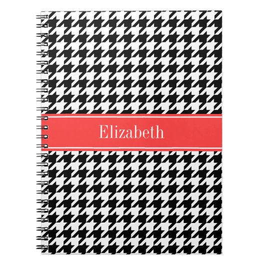 Schwarzes Hahnentrittmuster Korallenroter Name Mon Notizblock (Vorderseite)