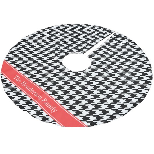 Schwarzes Hahnentrittmuster Korallenroter Name Mon Polyester Weihnachtsbaumdecke (Schrägansicht)