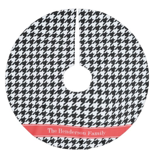 Schwarzes Hahnentrittmuster Korallenroter Name Mon Polyester Weihnachtsbaumdecke (Vorderseite)